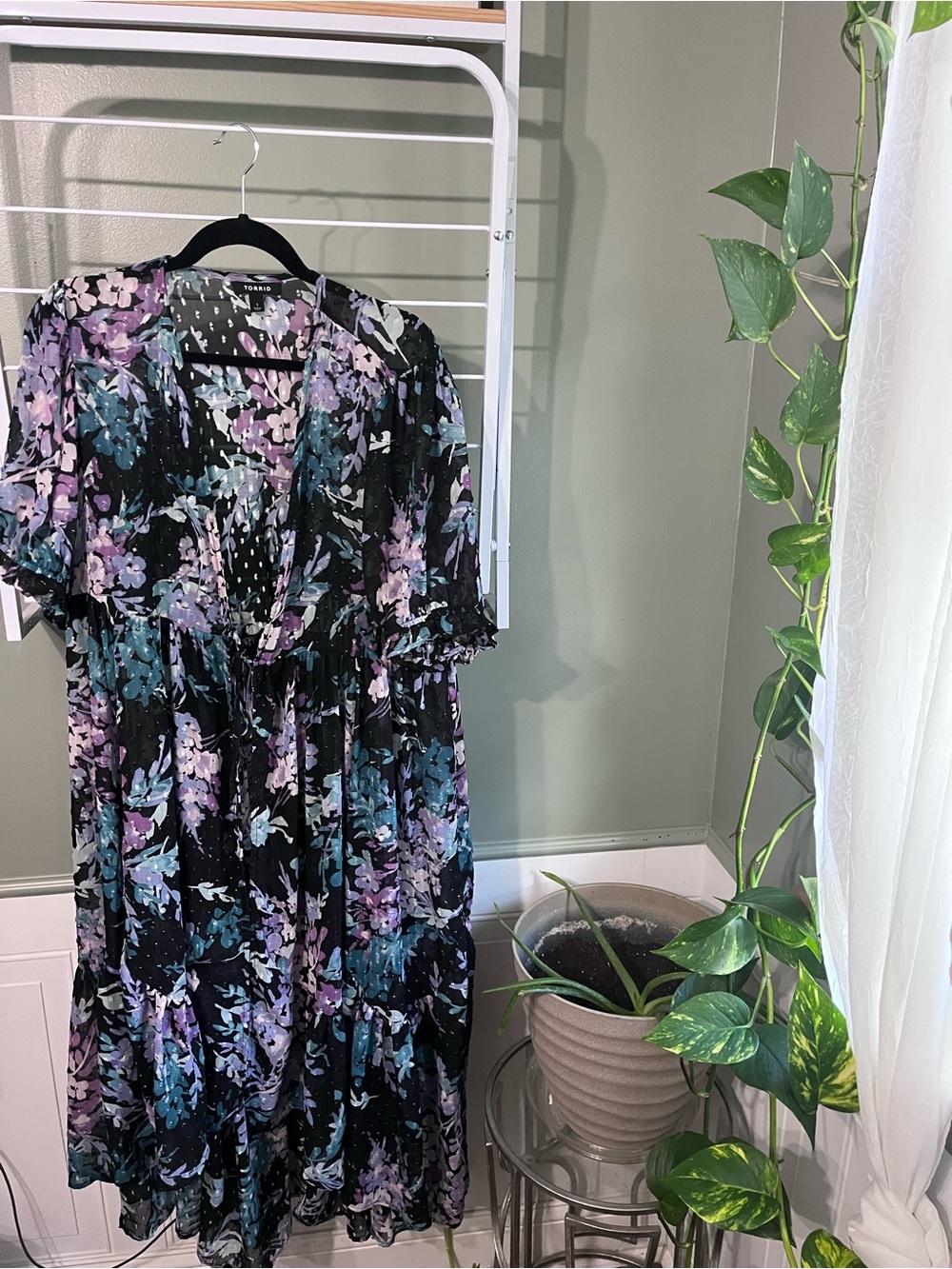 Torrid Floral Tiered V-Neck Maxi Dress in Black and Purple